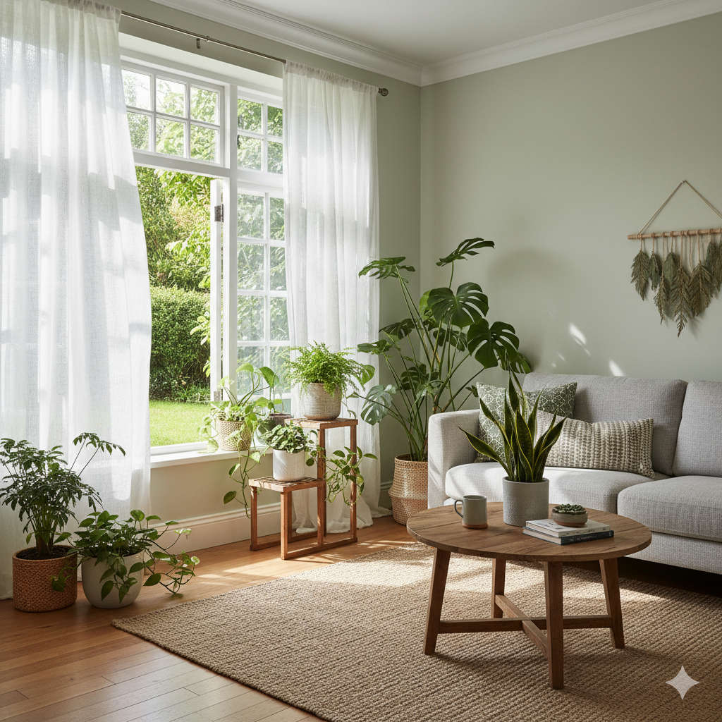 Natural air-purifying houseplants in bright living room